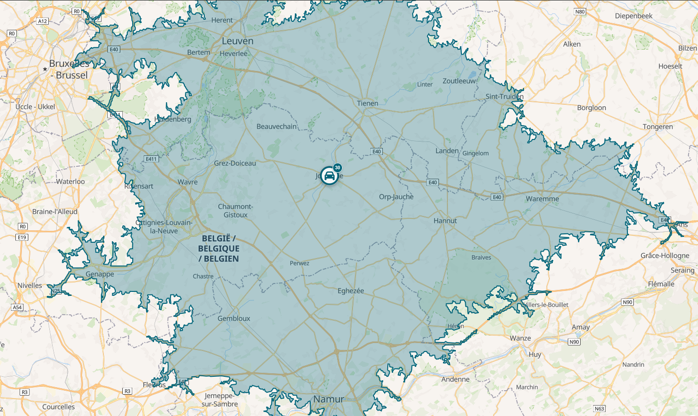 Carte de la zone d'intervention : rayon de 30 minutes en voiture autour de Jodoigne